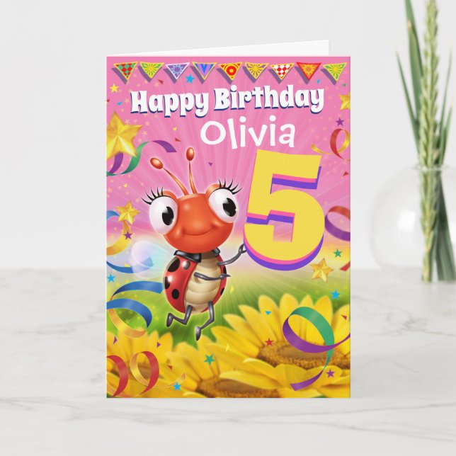 5yrs Custom birthday card Little Ladybug range (Front)