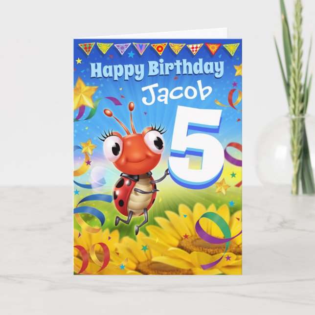 5yrs Custom birthday card Little Ladybug range (Front)