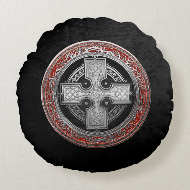 [600] Ancient Celtic Sacred Silver Knot Cross Round Cushion (Front)