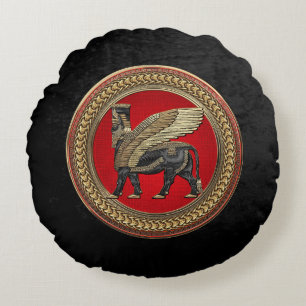 [600] Assyrian Winged Bull: Gold and Black Lamassu Round Cushion