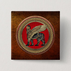 [600] Assyrian Winged Lion: Gold & Black Lamassu 15 Cm Square Badge