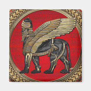 [600] Assyrian Winged Lion: Gold & Black Lamassu Magnet