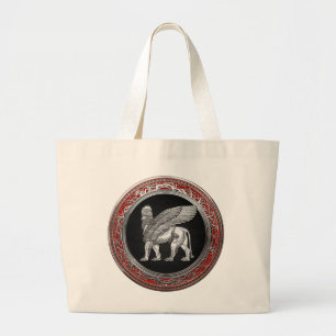 [600] Assyrian Winged Lion - Silver Lamassu Large Tote Bag