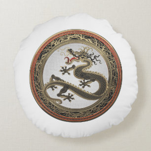 [600] Black and Gold Sacred Eastern Dragon Round Cushion