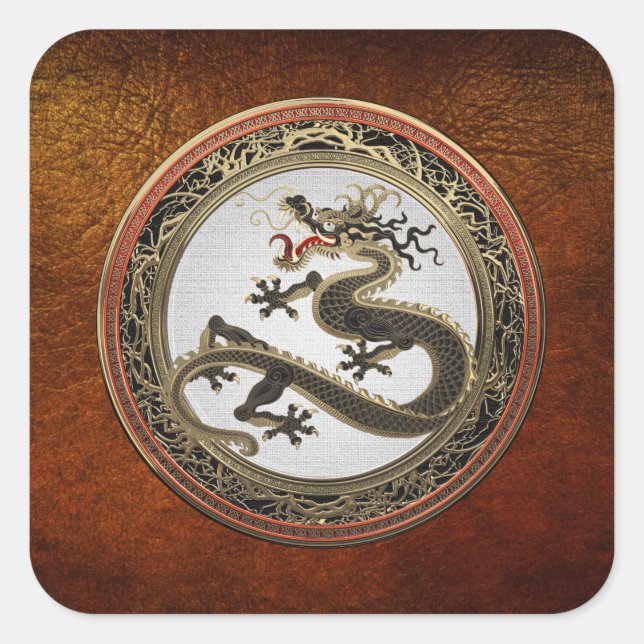 [600] Black and Gold Sacred Eastern Dragon Square Sticker (Front)