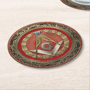[600] Master Mason - Gold Square & Compasses Round Paper Coaster