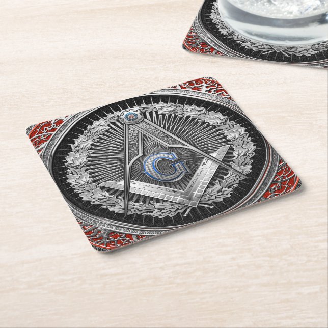[600] Master Mason - Silver Square & Compasses Paper Coaster (Angled)
