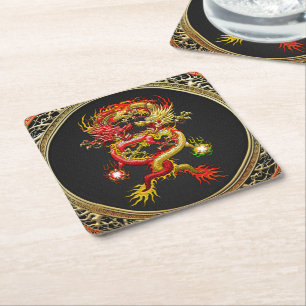 [600] Red and Yellow Dragons Square Paper Coaster