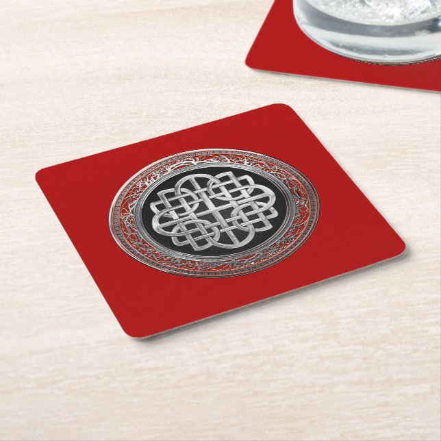 [600] Sacred Celtic Silver Knot Cross Square Paper Coaster (Angled)