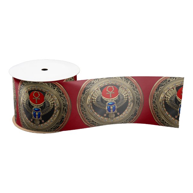 [600] Sacred Gold Egyptian Winged Scarab with Ankh Satin Ribbon (Spool)