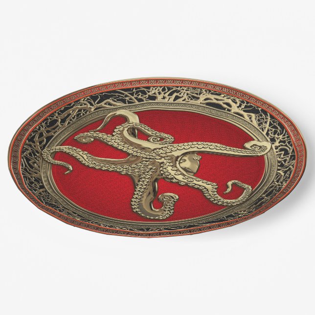 [600] Sacred Gold Octopus in Defensive Posture Paper Plate (Angled)