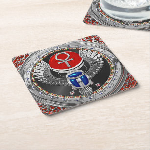 [600] Sacred Silver Egyptian Winged Scarab & Ankh Square Paper Coaster