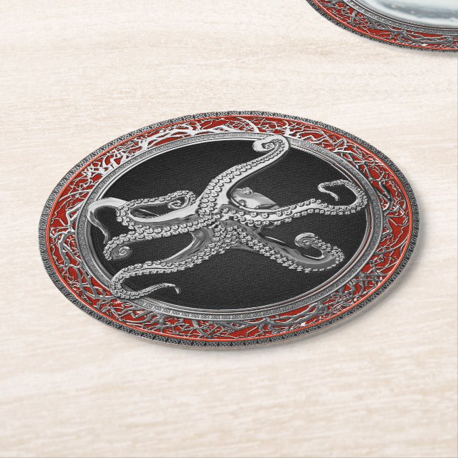 [600] Sacred Silver Octopus in Defensive Posture Round Paper Coaster (Angled)