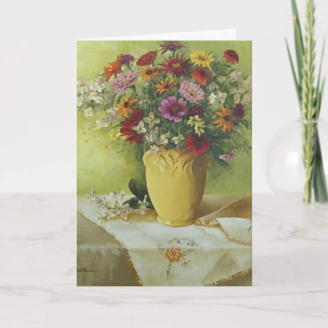 6021 Zinnias in Yellow Vase Birthday Card (Front)