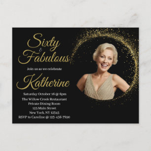 60 and Fabulous 60th Birthday Photo Black Gold Postcard