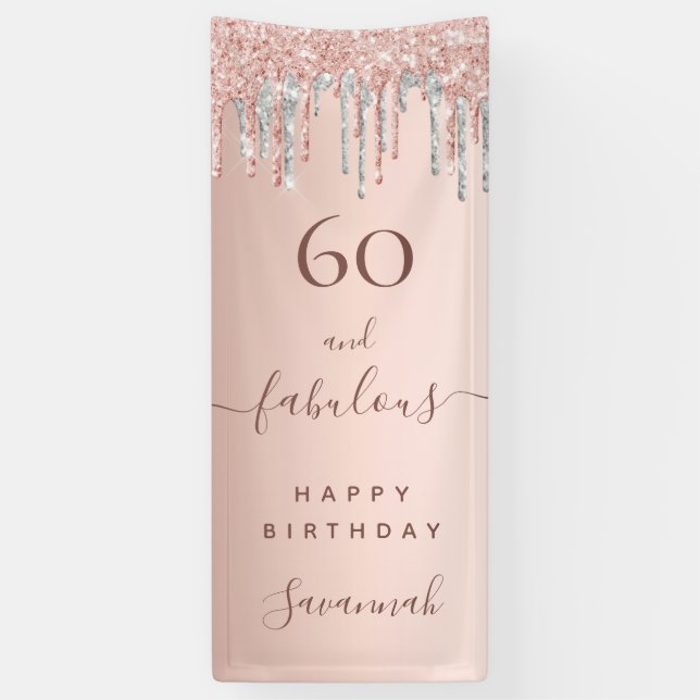 60 and Fabulous birthday glitter rose gold silver Banner (Vertical)
