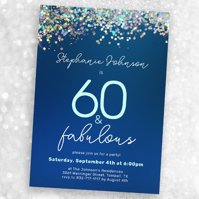 60 and Fabulous Blue Glitter 60th Birthday Party Invitation (Mock-up view)