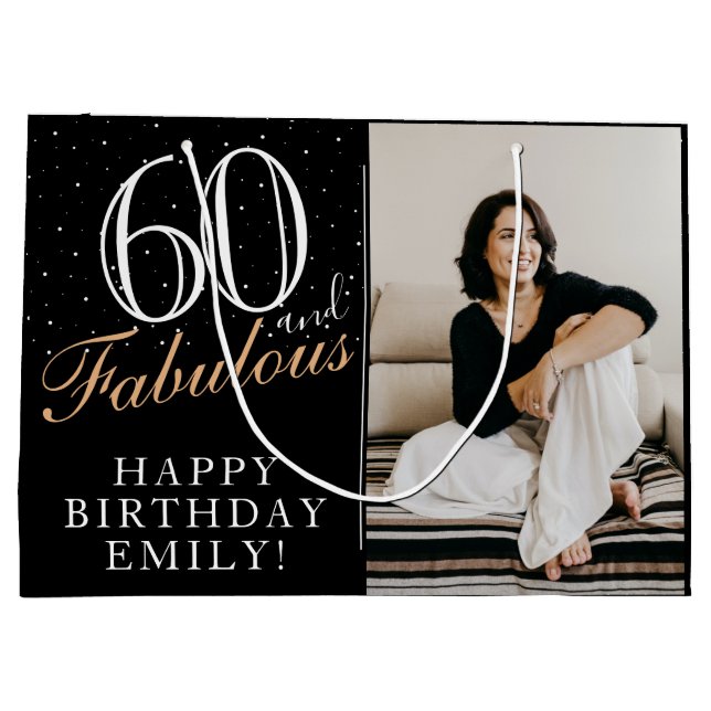 60 and Fabulous Elegant 60th Birthday 2 Photo Large Gift Bag (Back)