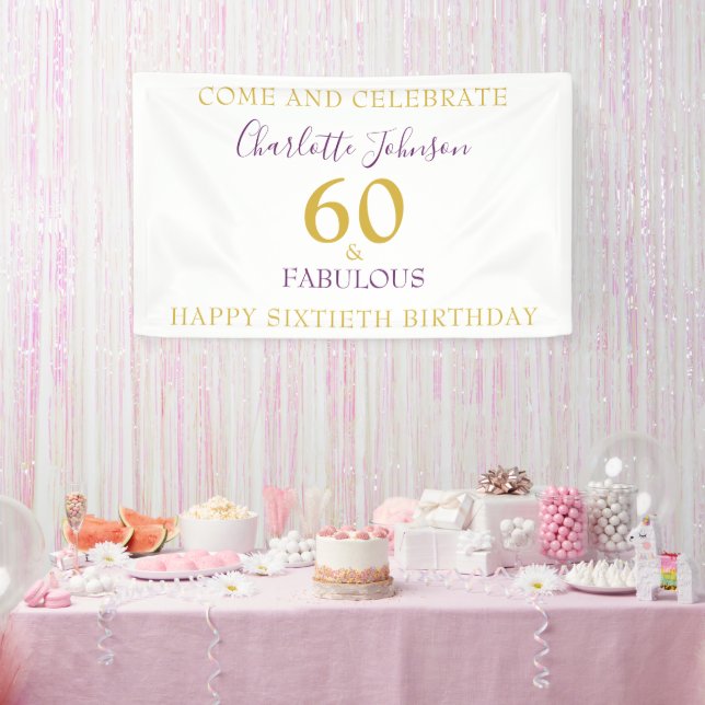 60 and Fabulous Elegant 60th Birthday Gold Purple Banner (Party)