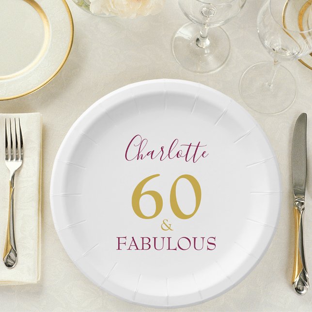 60 and Fabulous Elegant 60th Birthday Paper Plate (Stylish 60 and Fabulous purple and gold custom name 60th birthday paper plate )