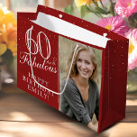 60 and Fabulous Elegant 60th Birthday Photo Large Gift Bag<br><div class="desc">60 and Fabulous Elegant 60th Birthday Photo Gift Bag. 60 and fabulous text in trendy script with a name on a red background. Personalise it with your photo,  name and age. It`s a great personalised photo gift bag for a woman`s birthday.</div>