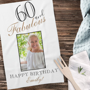 60 and Fabulous Elegant 60th Birthday Photo Tea Towel