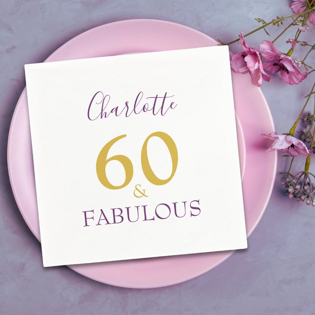 60 and Fabulous Elegant 60th Birthday Purple Gold Napkin (60 & fabulous stylish purple and gold custom 60th birthday party paper napkins)
