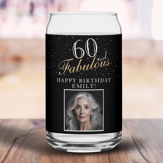 60 and Fabulous Elegant Black Photo 60th Birthday Can Glass (Creator Uploaded)