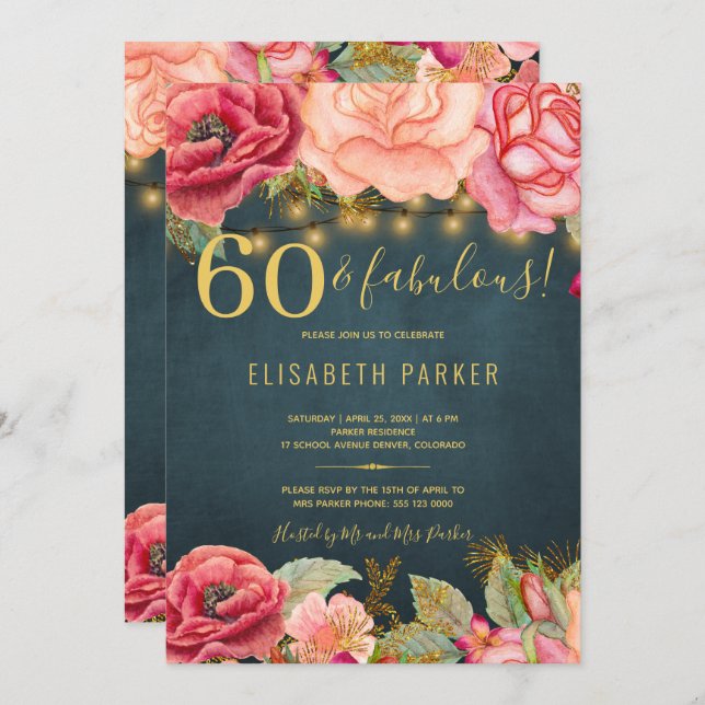 60 and fabulous floral elegant 60th birthday party invitation (Front/Back)