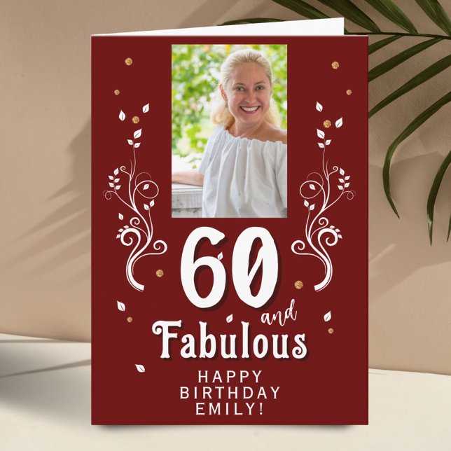 60 and Fabulous Foliage Red 60th Birthday Photo Card (Creator Uploaded)