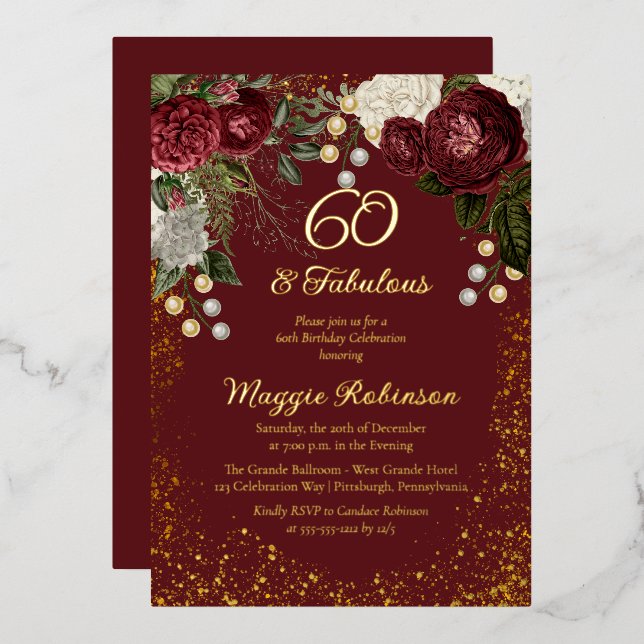 60 and Fabulous Glam Rose Floral Birthday Party (Front/Back)