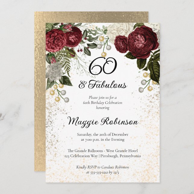 60 and Fabulous Glam Rose Floral Birthday Party Invitation (Front/Back)