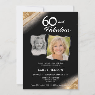 60 and Fabulous Gold Black 2 Photo Birthday Invitation