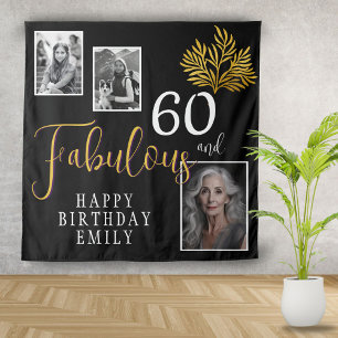 60 and Fabulous Gold Foliage 3 Photo Birthday Tapestry