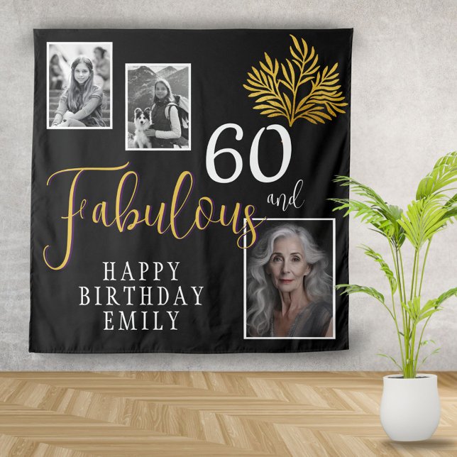 60 and Fabulous Gold Foliage 3 Photo Birthday  Tapestry (Creator Uploaded)