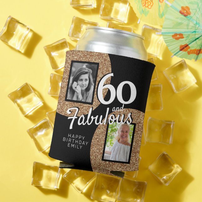 60 and Fabulous Gold Glitter 2 Photo 60th Birthday Can Cooler (In Situ Summer)