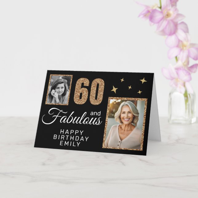 60 and Fabulous Gold Glitter 2 Photo 60th Birthday Card (Orchid)