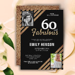 60 and Fabulous Gold Glitter 2 Photo 60th Birthday Invitation<br><div class="desc">60 and Fabulous Gold Glitter 2 Photo 60th Birthday Surprise Party Invitation. Modern and elegant black and faux golden glitter birthday invitation for her. Add your photos - you can use an old and a new photo. You can change all the text.</div>