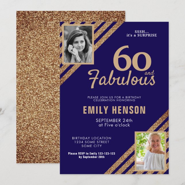 60 and Fabulous Gold Glitter 2 Photo 60th Birthday Invitation (Front/Back)