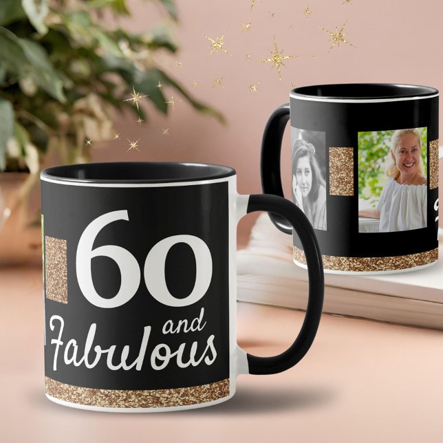 60 and Fabulous Gold Glitter 2 Photo 60th Birthday Mug (Creator Uploaded)