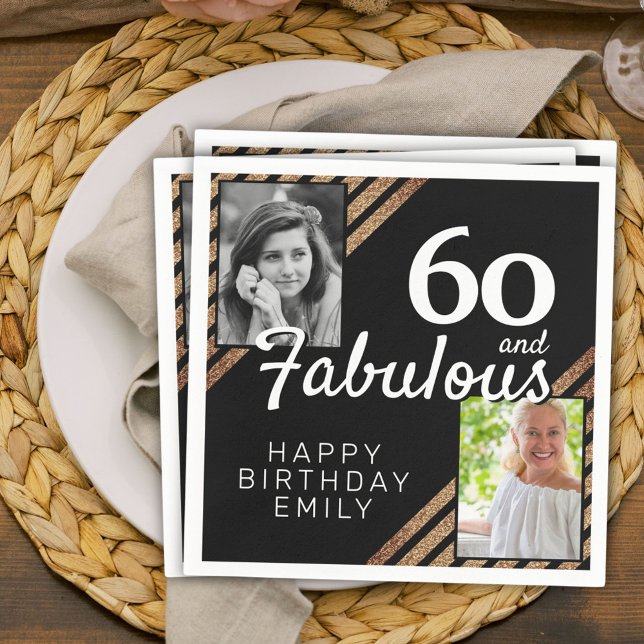 60 and Fabulous Gold Glitter 2 Photo 60th Birthday Napkin (Creator Uploaded)