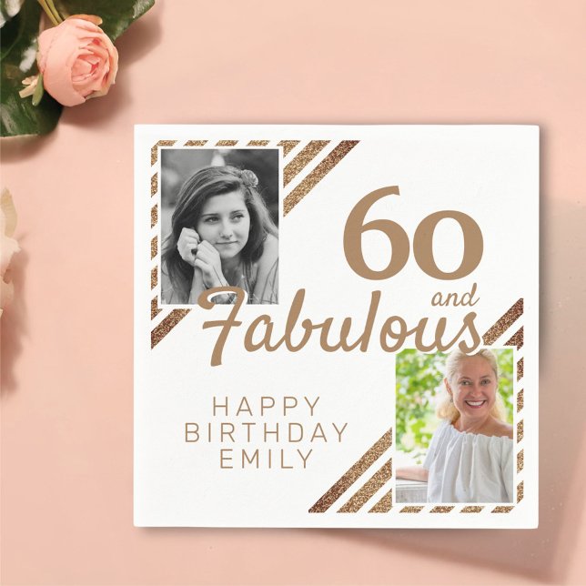 60 and Fabulous Gold Glitter 2 Photo 60th Birthday Napkin (Creator Uploaded)