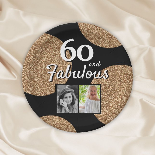 60 and Fabulous Gold Glitter 2 Photo 60th Birthday Paper Plate (Creator Uploaded)