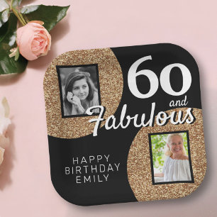 60 and Fabulous Gold Glitter 2 Photo 60th Birthday Paper Plate