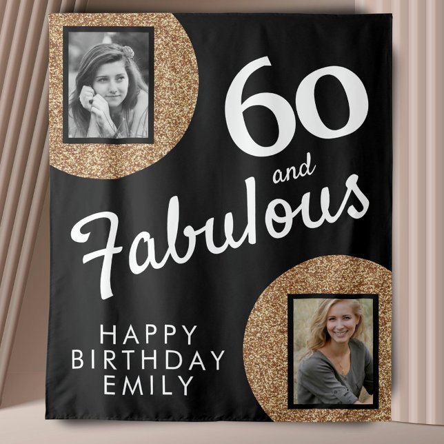60 and Fabulous Gold Glitter 2 Photo 60th Birthday Tapestry (Creator Uploaded)