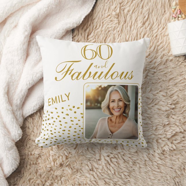 60 and Fabulous Gold Glitter Photo 60th Birthday Cushion (Blanket)