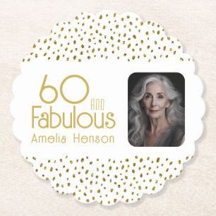 60 and Fabulous Gold Glitter Photo 60th Birthday Paper Coaster