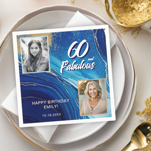 60 and Fabulous Marble Glitter 2 Photo Birthday Napkin (Creator Uploaded)