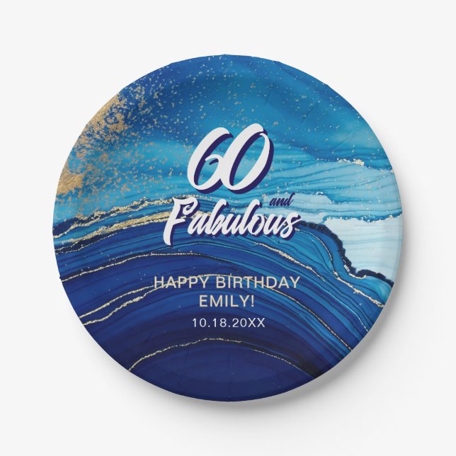 60 and Fabulous Marble Glitter Birthday Paper Plate (Front)