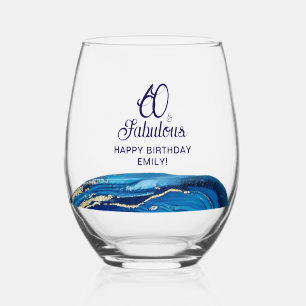 60 and Fabulous Marble Glitter Birthday Party Stemless Wine Glass